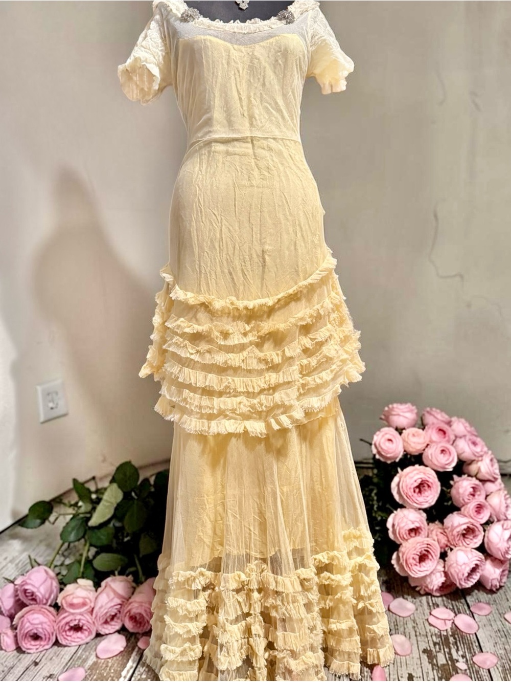 Antique 1930’s drop waist layered ruffled maxi dress